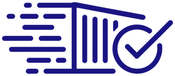 Trade Track logo, a shipping container in motion with a clearance tick